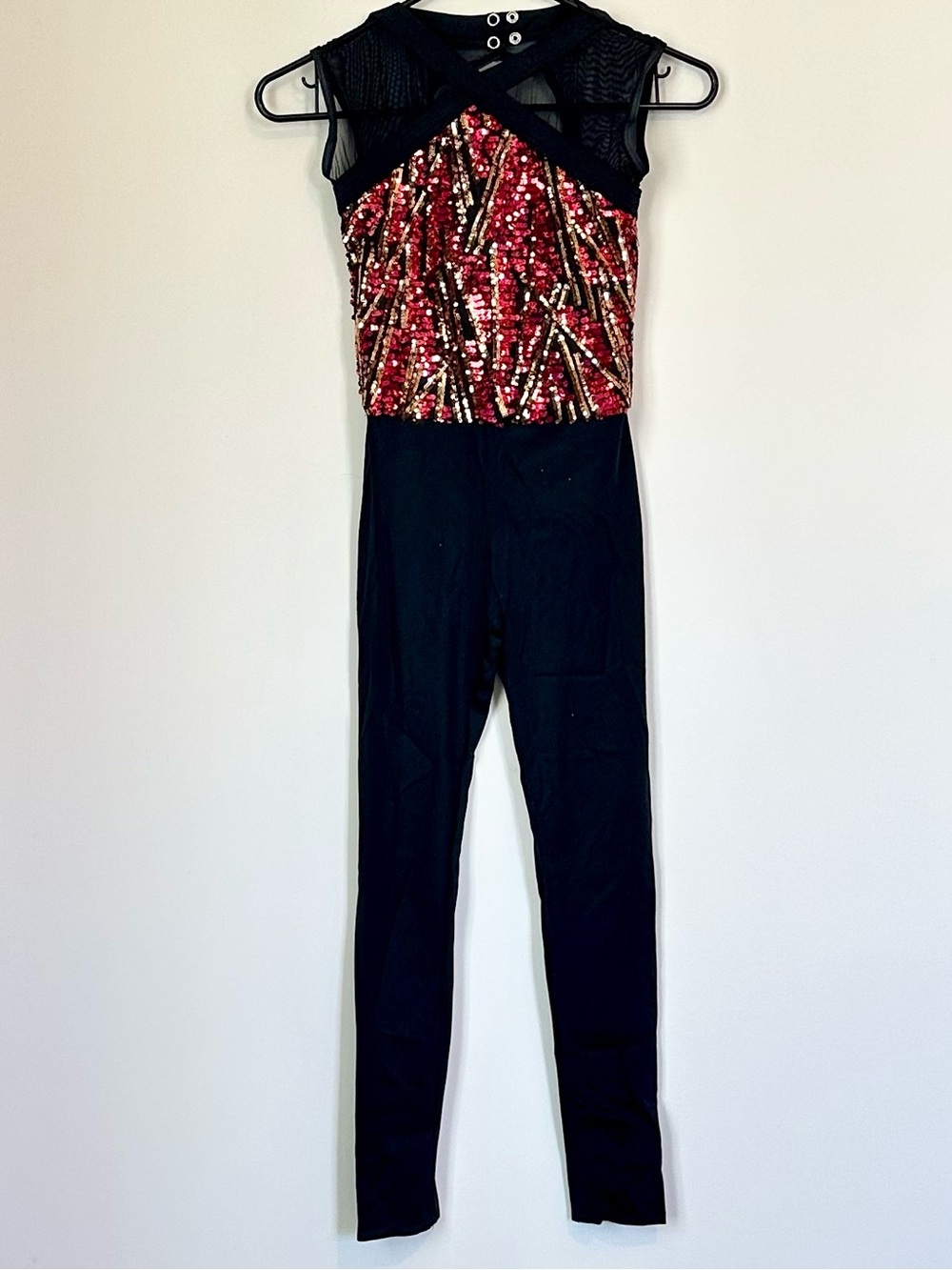 Weissman Black Dance Jumpsuit with Red and Gold Sequin Bodice - Size: MC